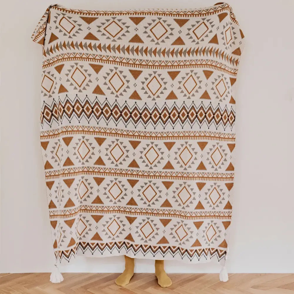 Boho geometric pattern cream & brown throw blanket bedroom tassels