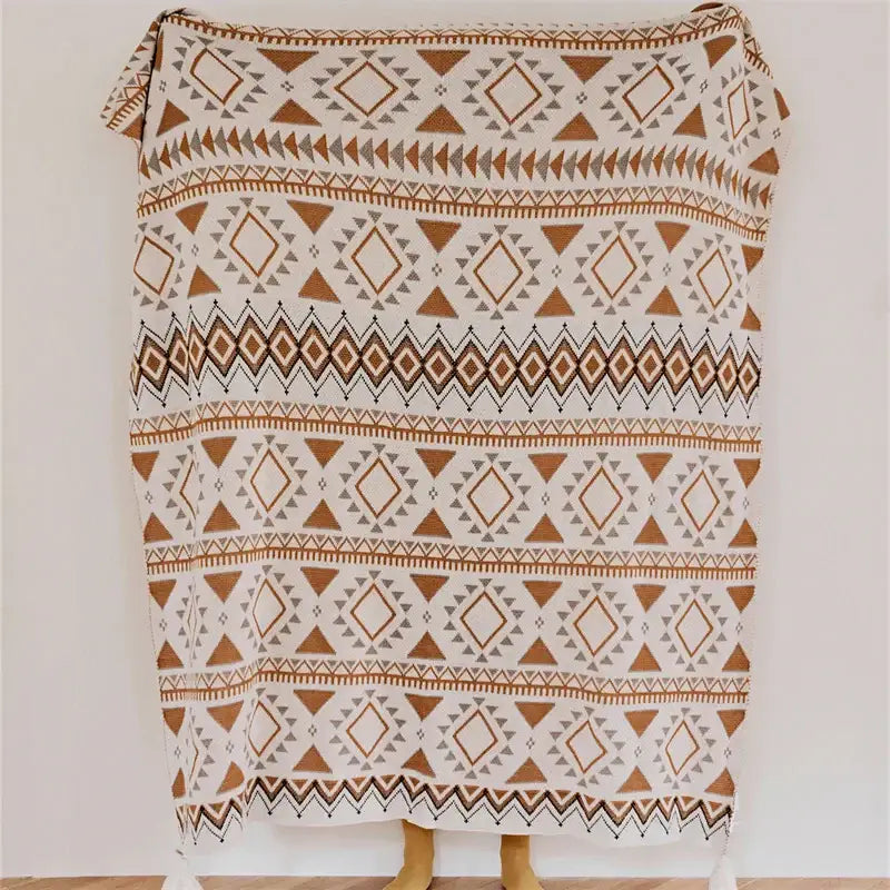 Boho geometric pattern cream & brown throw blanket bedroom tassels