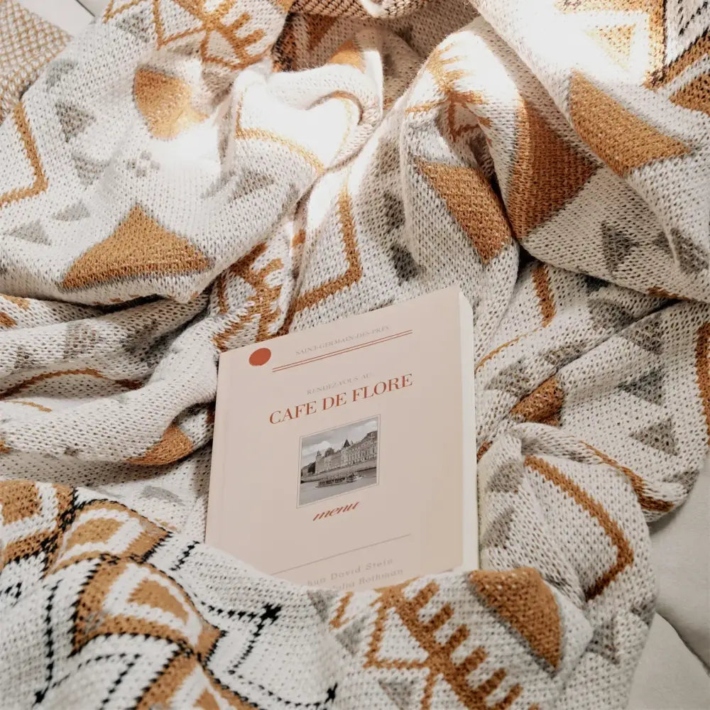 Boho geometric pattern cream & brown throw blanket bedroom tassels