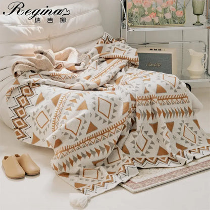 Boho geometric pattern cream & brown throw blanket bedroom tassels
