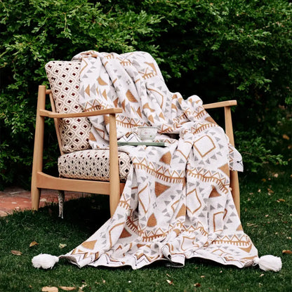 Boho geometric pattern cream & brown throw blanket bedroom tassels