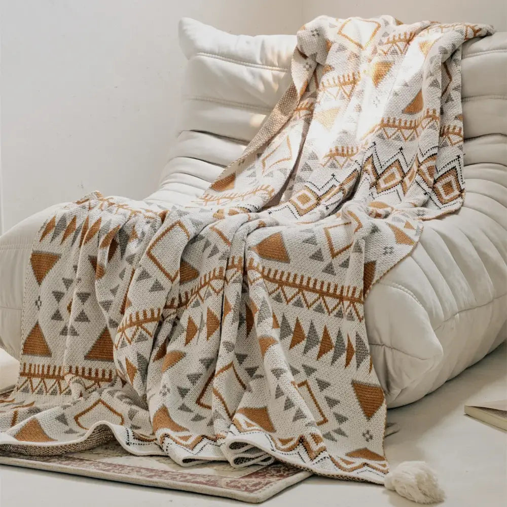 Boho geometric pattern cream & brown throw blanket bedroom tassels