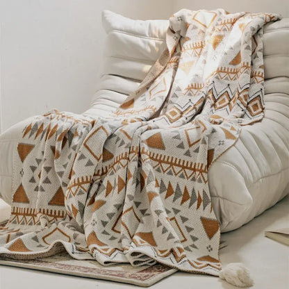 Boho geometric pattern cream & brown throw blanket bedroom tassels