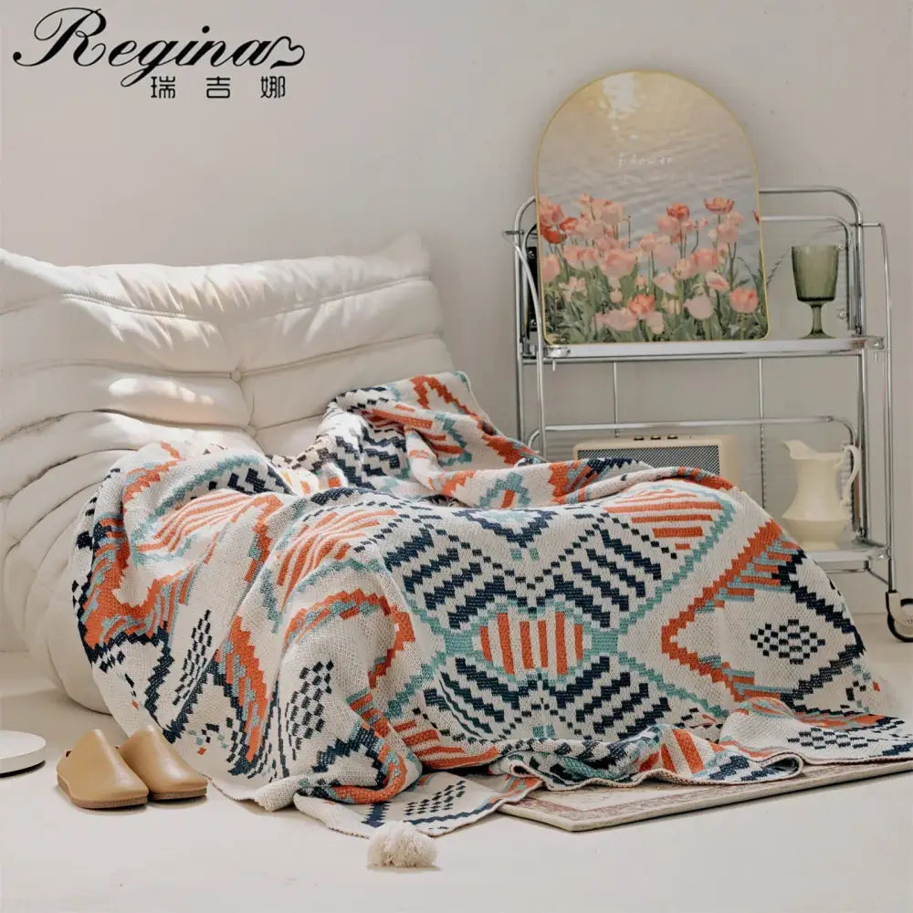 Boho geometric summer blanket orange & teal bedroom throw