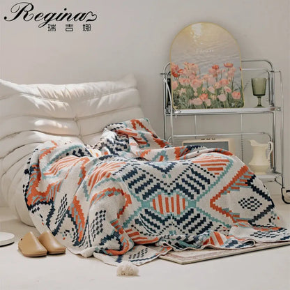Boho geometric summer blanket orange & teal bedroom throw