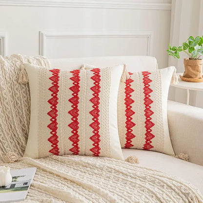 Boho geometric tassel cushion cover cream & red living room pillow