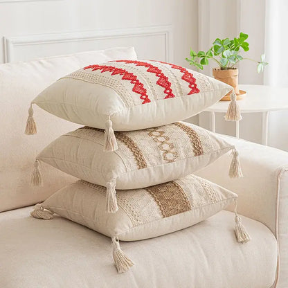 Boho geometric tassel cushion cover cream & red living room pillow