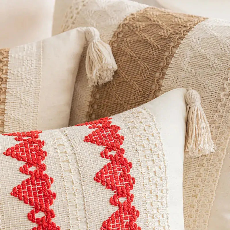 Boho geometric tassel cushion cover cream & red living room pillow