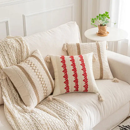 Boho geometric tassel cushion cover cream & red living room pillow