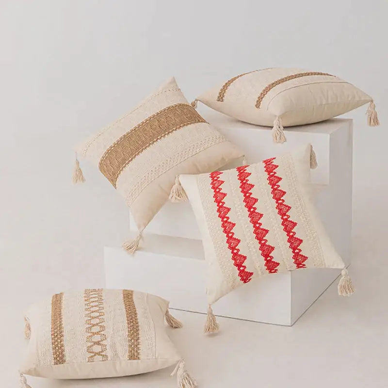 Boho geometric tassel cushion cover cream & red living room pillow