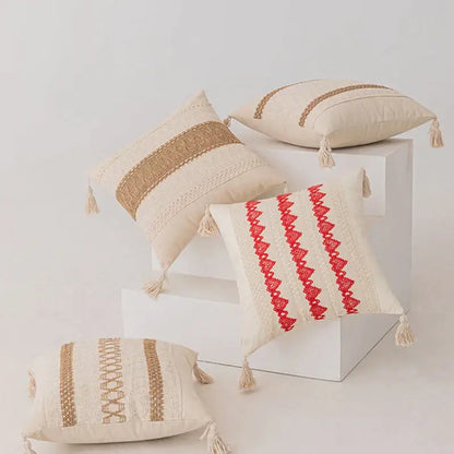 Boho geometric tassel cushion cover cream & red living room pillow