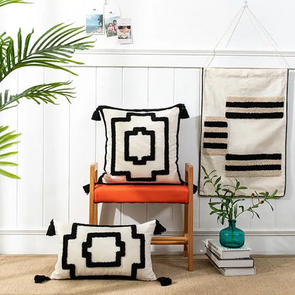 Boho geometric tufted black & cream cushion cover living room decor