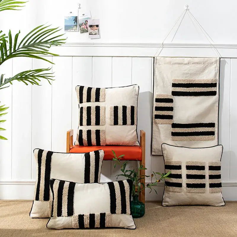 Boho geometric tufted black & cream cushion cover living room decor