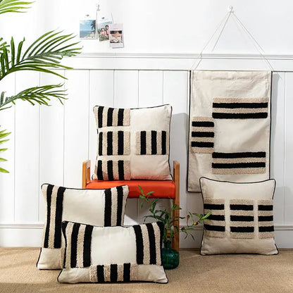 Boho geometric tufted black & cream cushion cover living room decor
