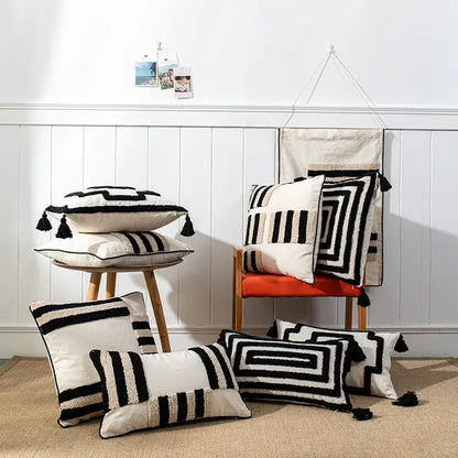 Boho geometric tufted black & cream cushion cover living room decor