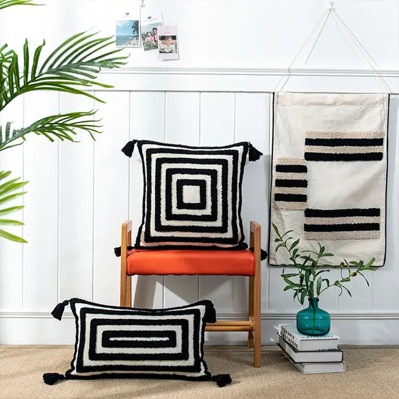 Boho geometric tufted black & cream cushion cover living room decor