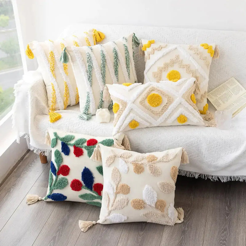 Boho geometric tufted embroidery cushion cover living room tassel decor