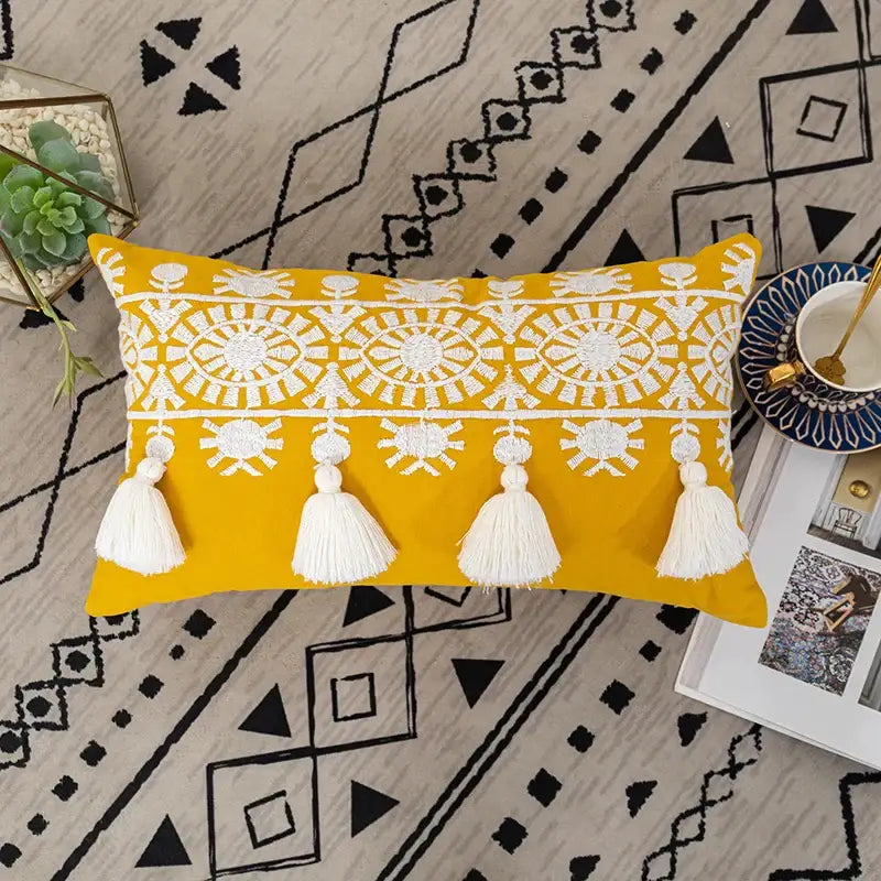 Boho gold embroidered cotton pillow cover living room tassel decor
