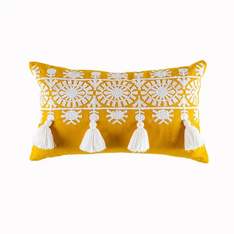 Boho gold embroidered cotton pillow cover living room tassel decor
