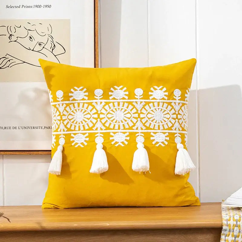 Boho gold embroidered cotton pillow cover living room tassel decor