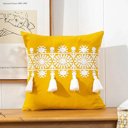 Boho gold embroidered cotton pillow cover living room tassel decor