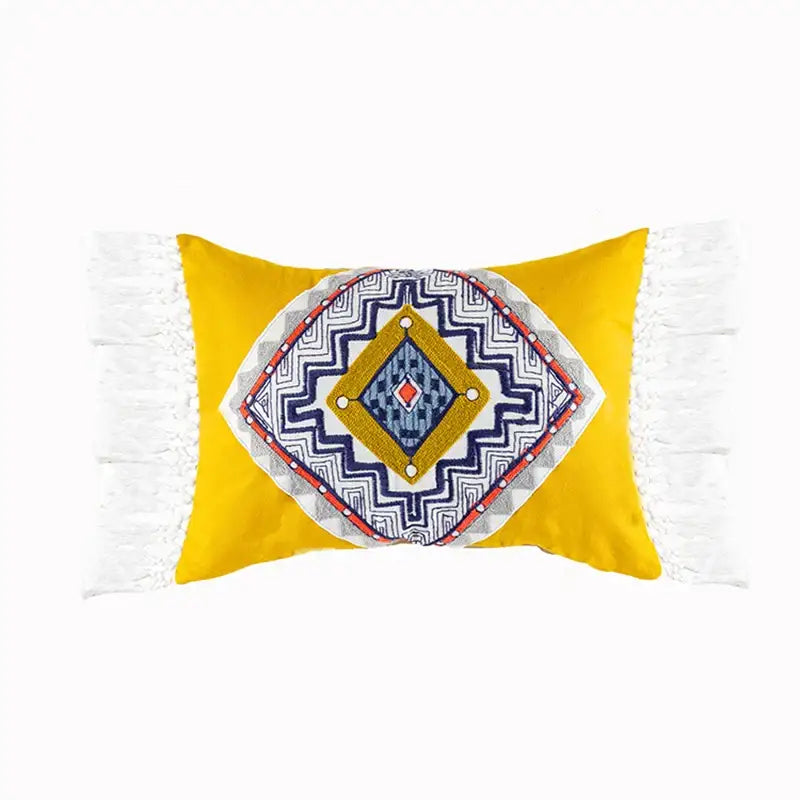 Boho gold embroidered cotton pillow cover living room tassel decor