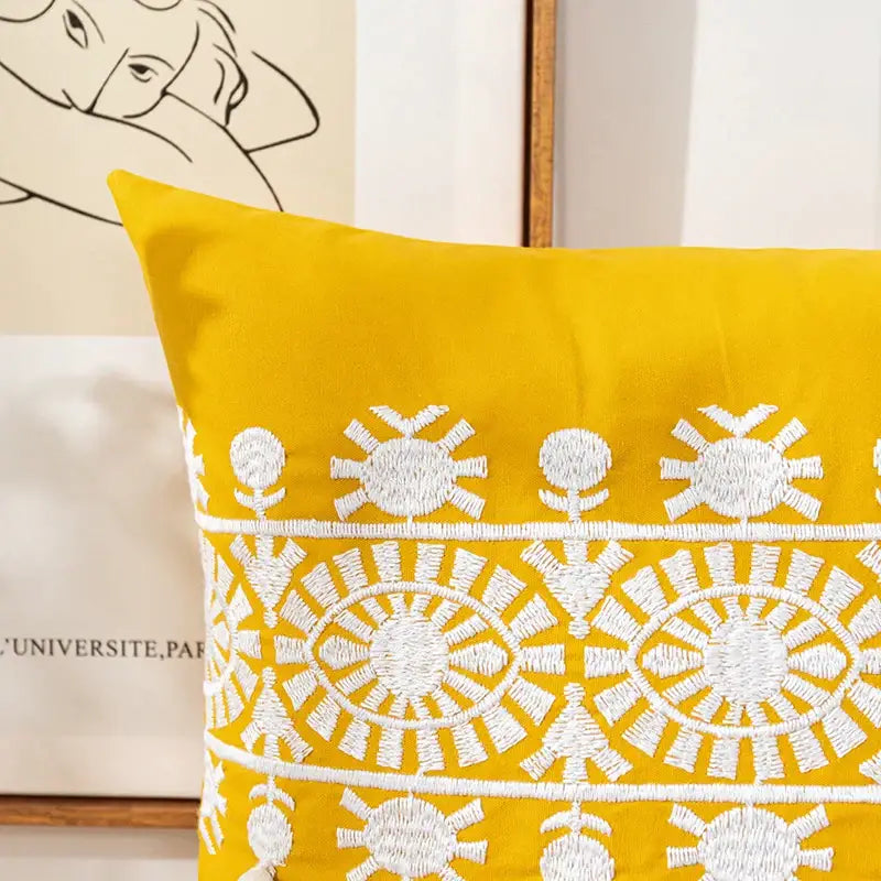 Boho gold embroidered cotton pillow cover living room tassel decor