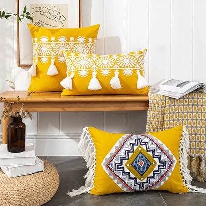 Boho gold embroidered cotton pillow cover living room tassel decor