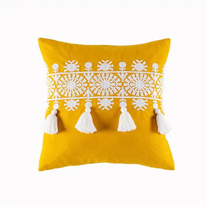 Boho gold embroidered cotton pillow cover living room tassel decor