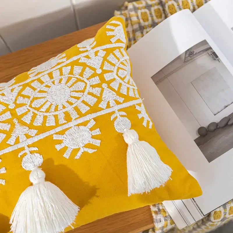 Boho gold embroidered cotton pillow cover living room tassel decor