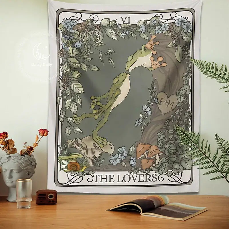 Boho gray frog lover tarot tapestry bedroom wall hanging