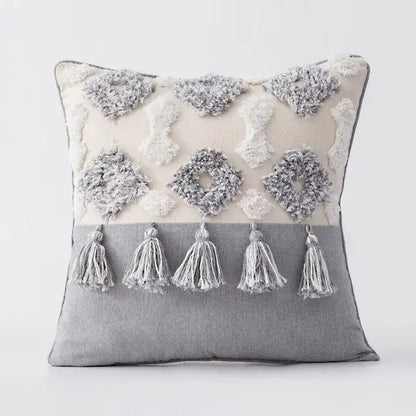 Boho gray & white tufted cushion cover living room tassel decor
