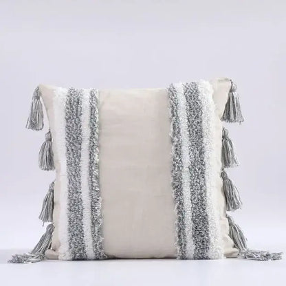 Boho gray & white tufted cushion cover living room tassel decor