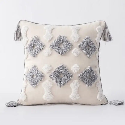 Boho gray & white tufted cushion cover living room tassel decor
