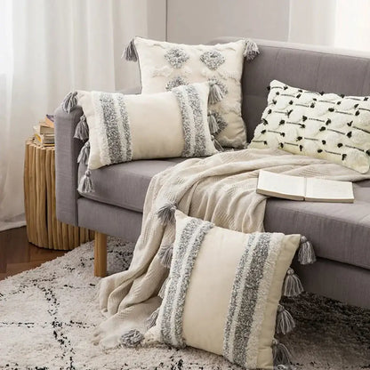 Boho gray & white tufted cushion cover living room tassel decor