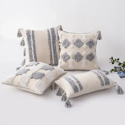Boho gray & white tufted cushion cover living room tassel decor