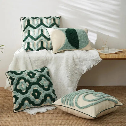 Boho green & cream geometric cushion cover living room tufted decor