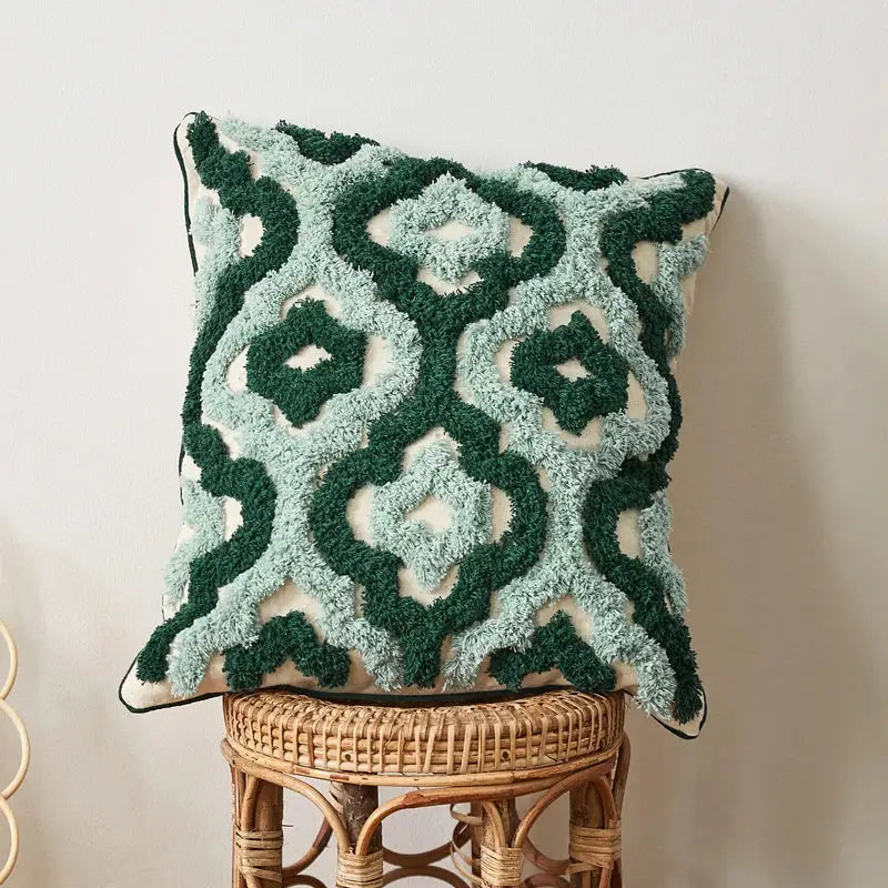 Boho green & cream geometric cushion cover living room tufted decor