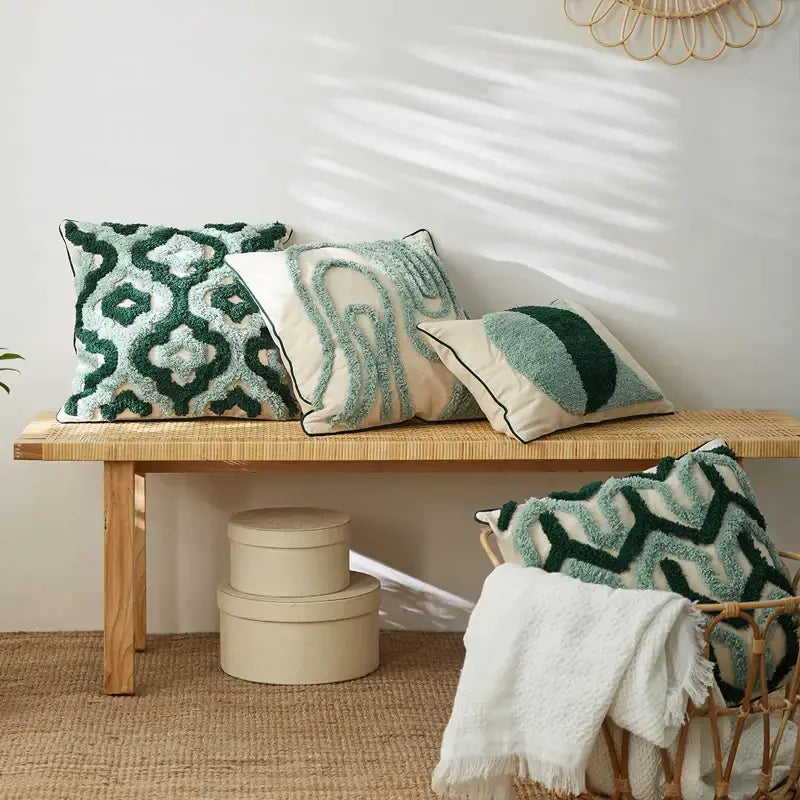 Boho green & cream geometric cushion cover living room tufted decor