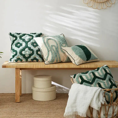Boho green & cream geometric cushion cover living room tufted decor
