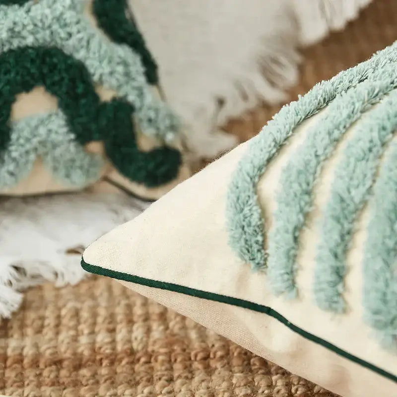 Boho green & cream geometric cushion cover living room tufted decor