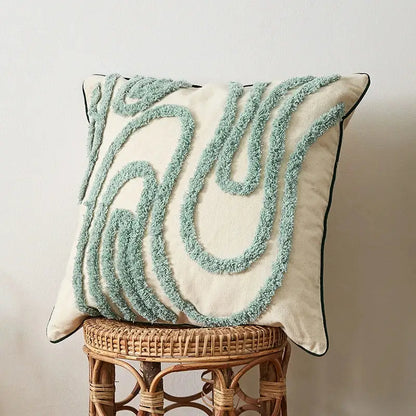 Boho green & cream geometric cushion cover living room tufted decor