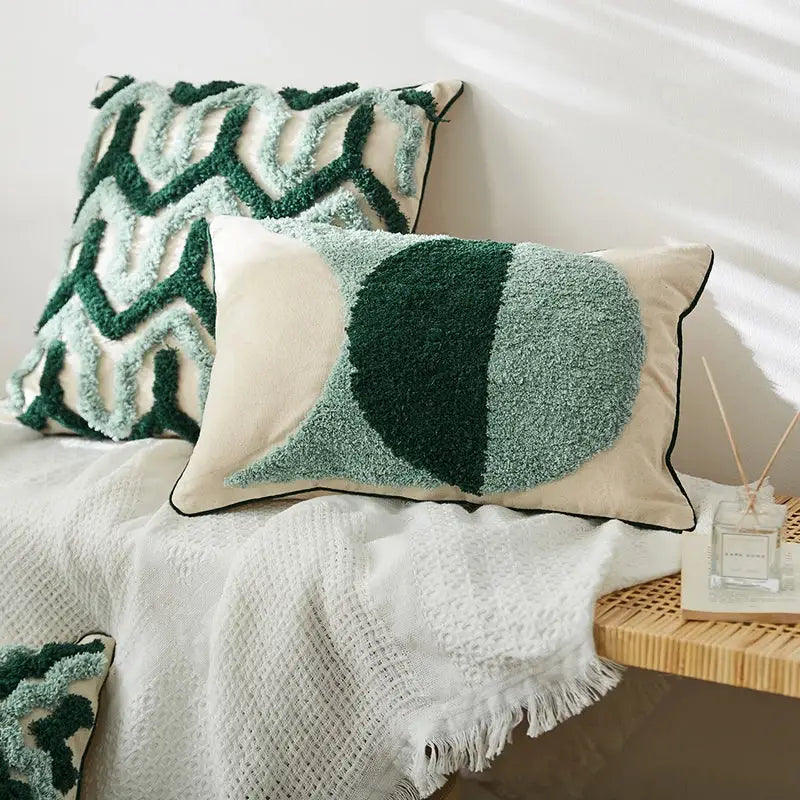 Boho green & cream geometric cushion cover living room tufted decor