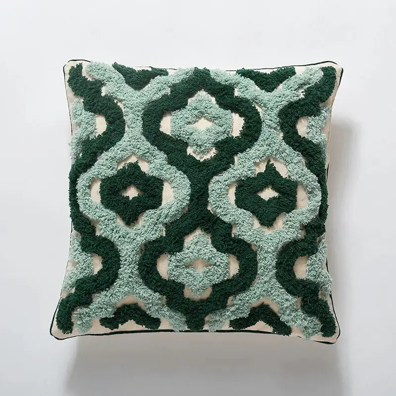 Boho green & cream geometric cushion cover living room tufted decor