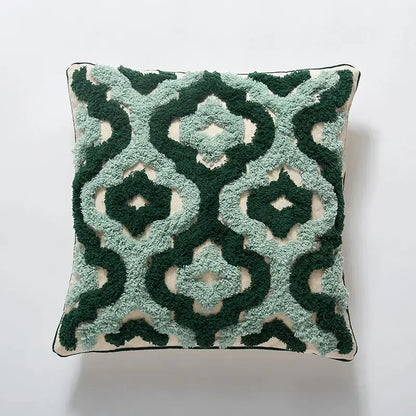 Boho green & cream geometric cushion cover living room tufted decor