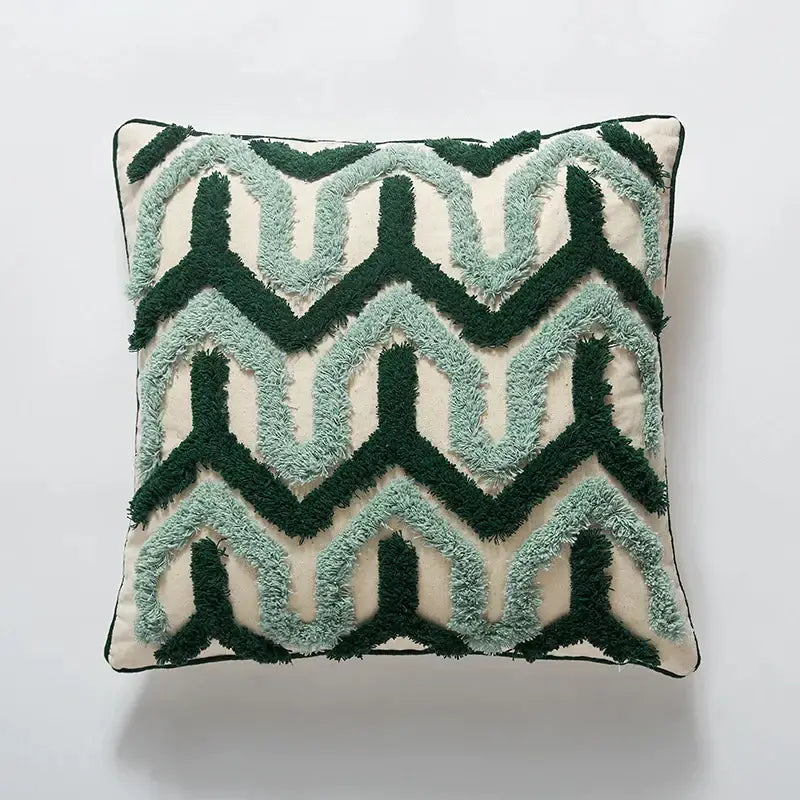 Boho green & cream geometric cushion cover living room tufted decor
