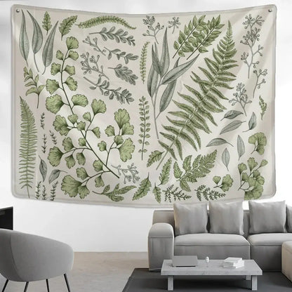 Boho green & gray botanical tapestry wall hanging bedroom decor