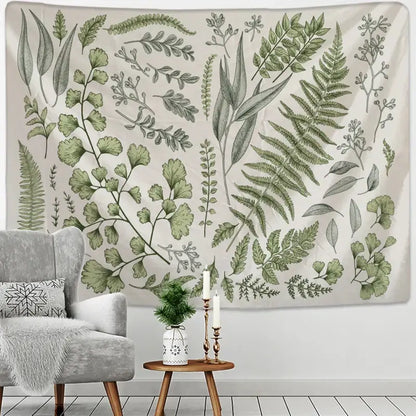 Boho green & gray botanical tapestry wall hanging bedroom decor