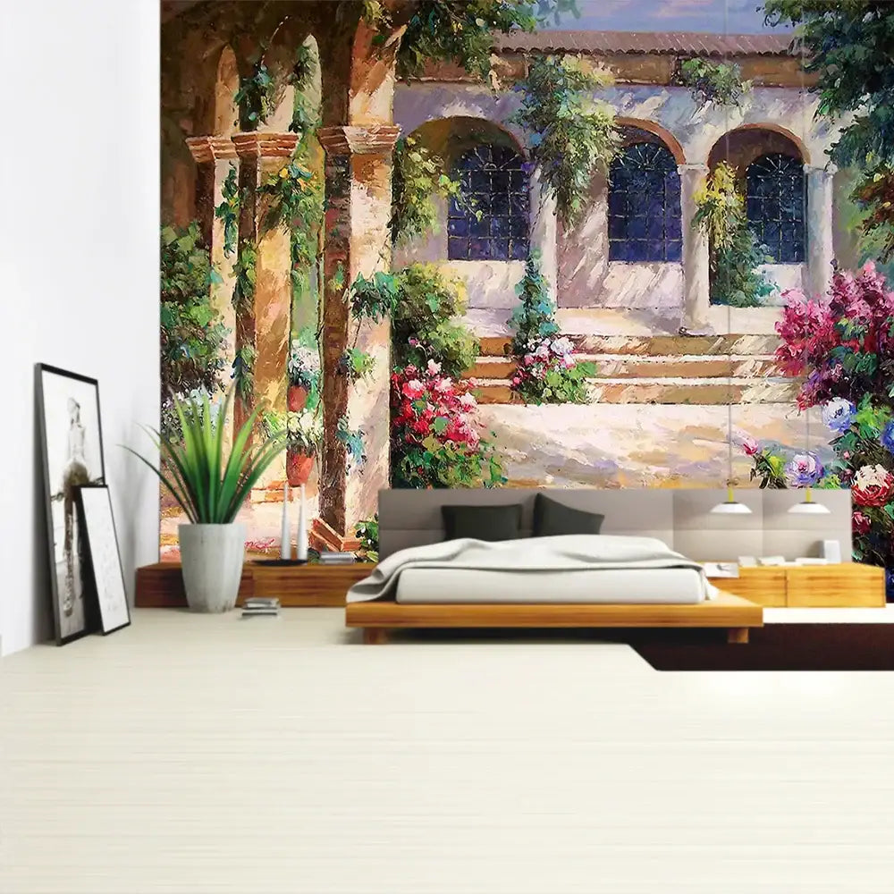 Boho green plant landscape tapestry bedroom italian village decor