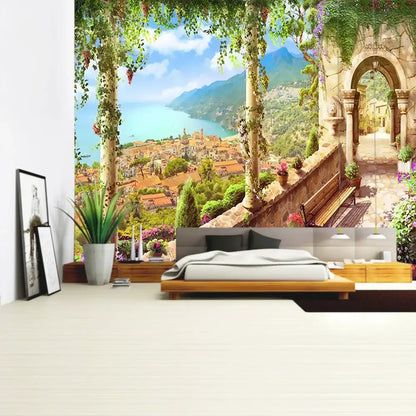 Boho green plant landscape tapestry bedroom italian village decor